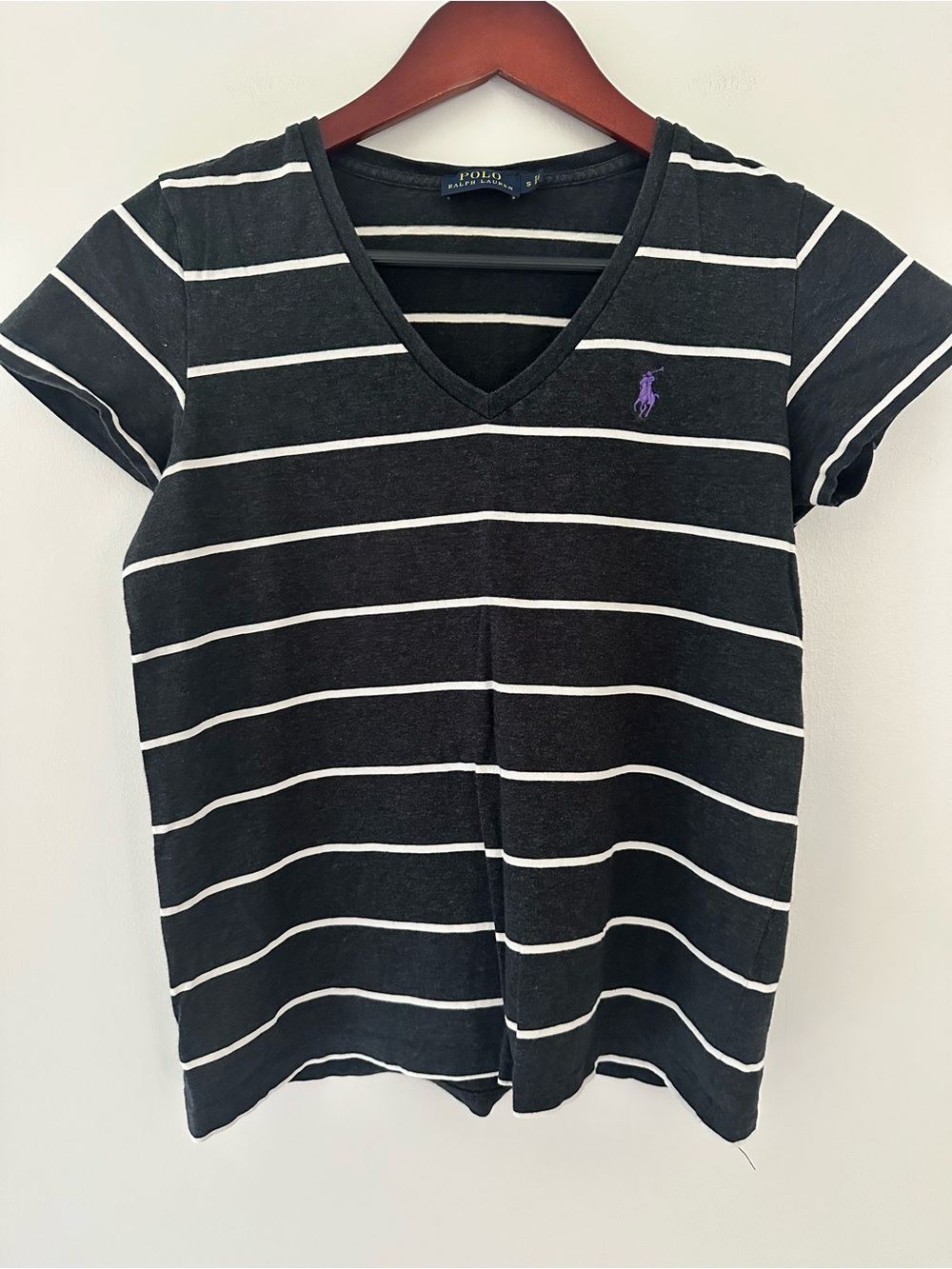 Polo by Ralph Lauren Gray and White Striped V-Neck Tee with Purple Pony